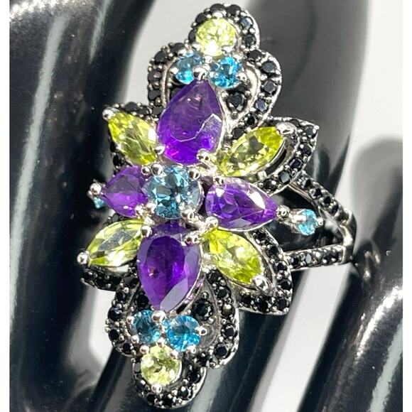 LUXY Gems Natural Topaz Amethyst Peridot Spinel Sterling Silver Ring Luxury Sz 7 - Picture 1 of 16